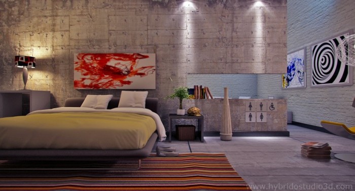 Concrete-and-painted-brick-modern-bedroom-quirky-signage-and-graphic-prints-700x376