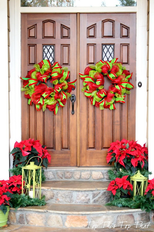 front-porch-furniture-beautiful-christmas-door-decorating-ideas-using-dark-brown-teak-wood-double-door-decor-plus-beautiful-round-shaped-flowers-decor-and-sto
