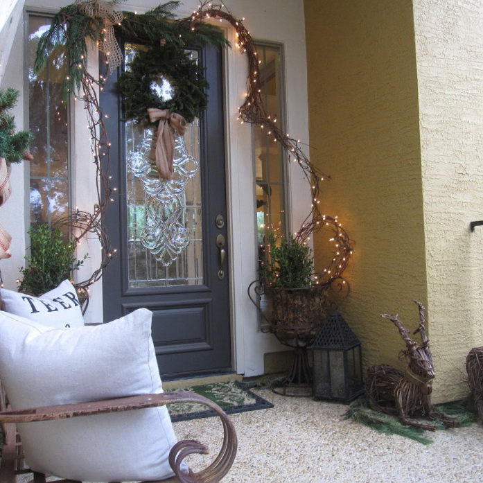 Fascinating Front Porch Decorating For Christmas By Green Porch On The Glass Door With Gray Wooden Frame Combined With Lamps On The Cream Wall
