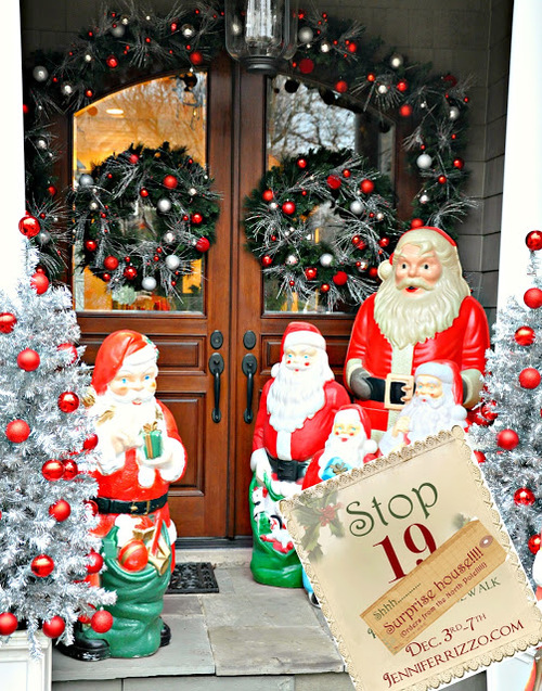 Outstanding Front Porch Decorating For Christmas By Red Balls On The Green Circlw Placed On The Glass Door Feat Brown Wooden Frame Combined With Santa Clause Statue