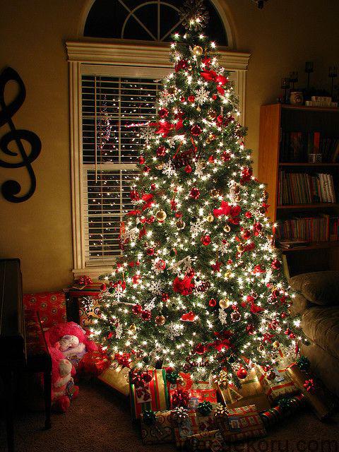 Christmas tree with red decorations and white lights - Beautiful combination. ~ 20 Awesome #ChristmasTree Decorating Ideas & Inspirations - Style Estate -
