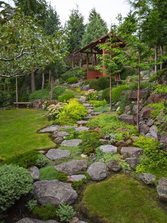 Gary Necci placed each rock in this hillside garden himself. A pergola sits about halfway up the steep hillside.  This is a very steep and rocky garden with lots of ground cover/alpines/collectors plants. It is all about the steep back hillside where Gary Necci has created something pretty remarkable in his West Seattle back garden. This view looks up from the bottom of the back garden.