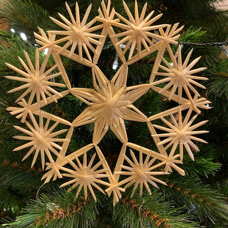 DIY straw snowflakes made by hand: Christmas eco-ornaments for a tree.